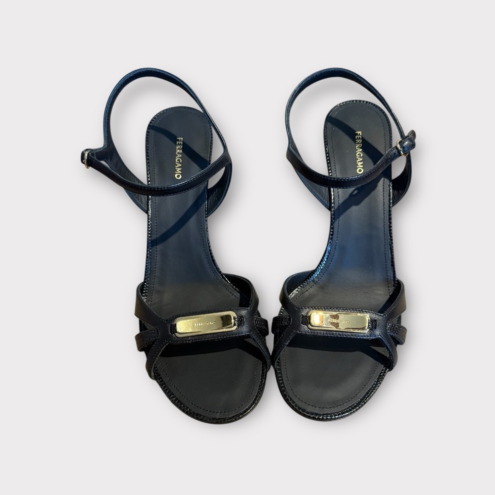 Ferragamo Black Leather Sandals with Gold Accent